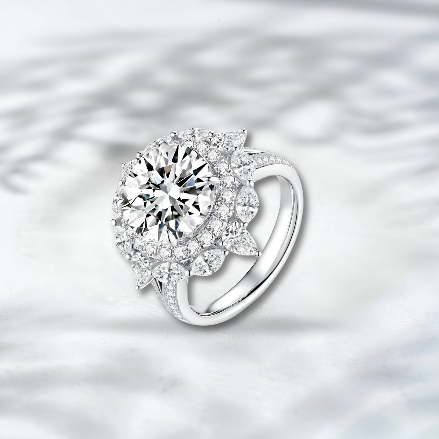 QOB Gilded Bloom 7.22 ct Lab Diamond Halo Ring in 18K White Gold