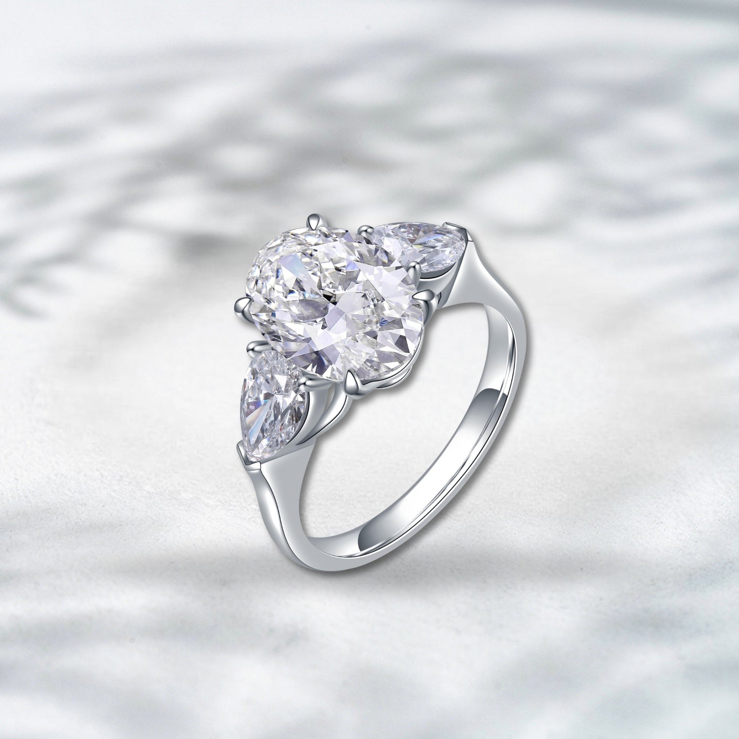 Radiant Embrace 4ct Oval Lab Diamond Three Stone Ring in 18K White Gold