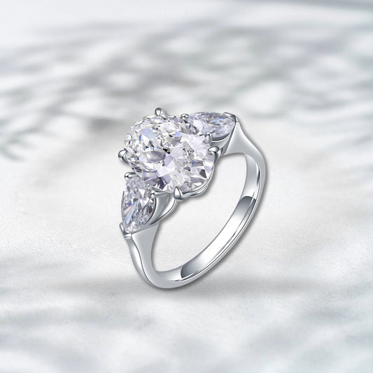 Radiant Embrace 4ct Oval Lab Diamond Three Stone Ring in 18K White Gold