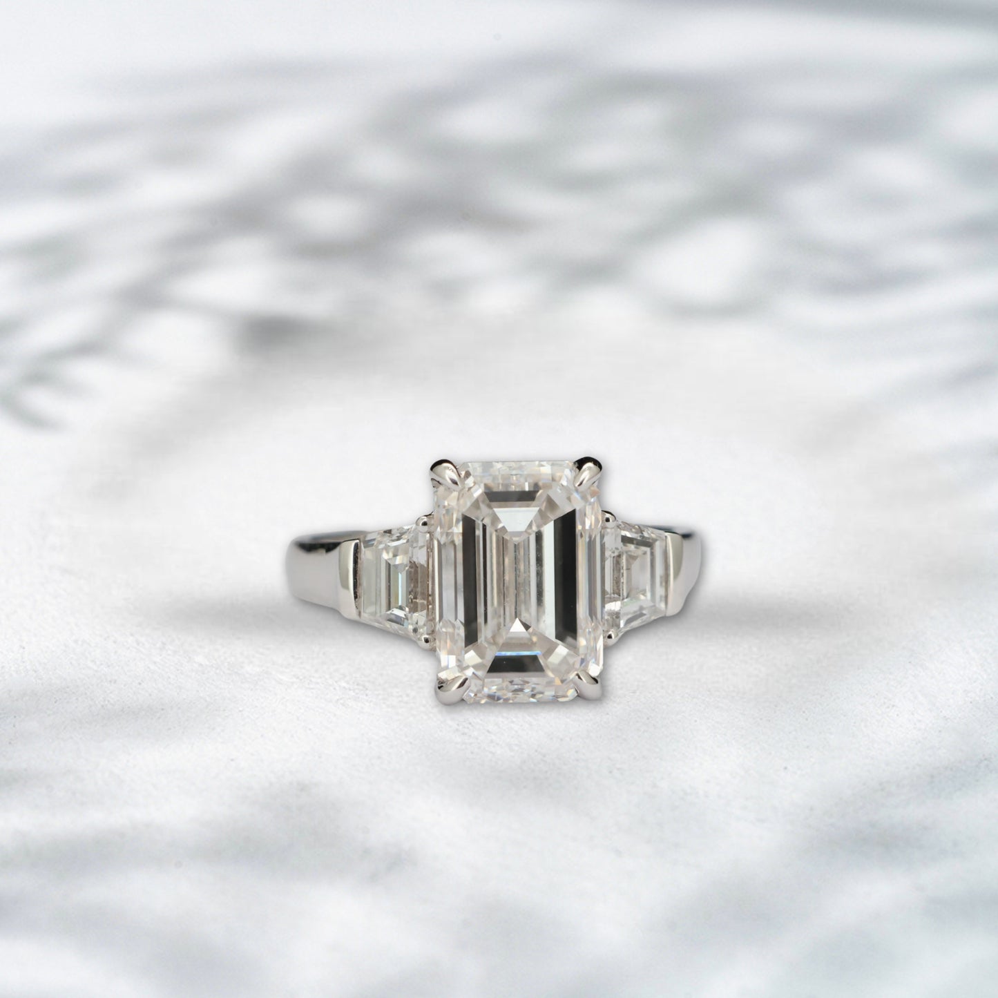 QOB Heirloom Radiance – 5ct Emerald Cut Lab Diamond Three-Stone Ring in 18K Gold