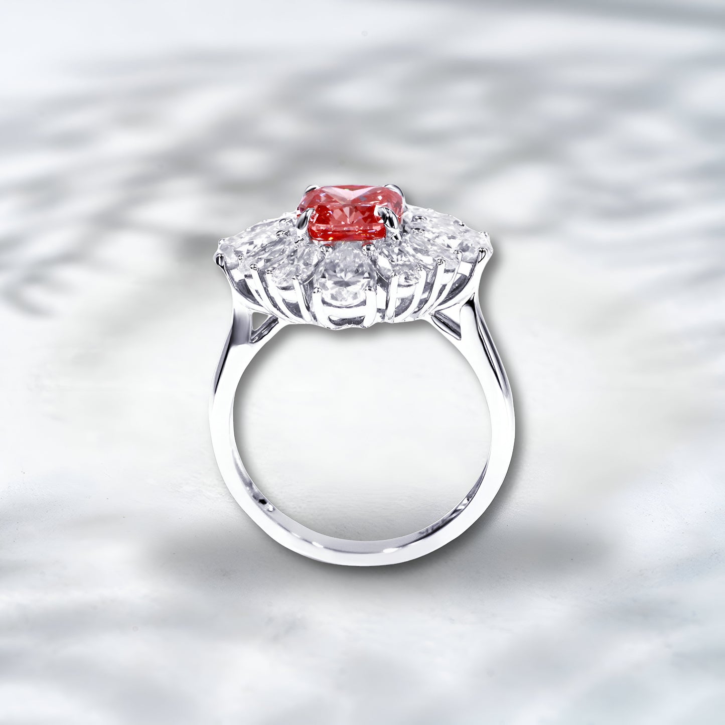 QOB Imperial Flame Lab Diamond Ring - Pink Cushion & Pear Cut Halo - 2.0–2.5 ct total in 18K White Gold