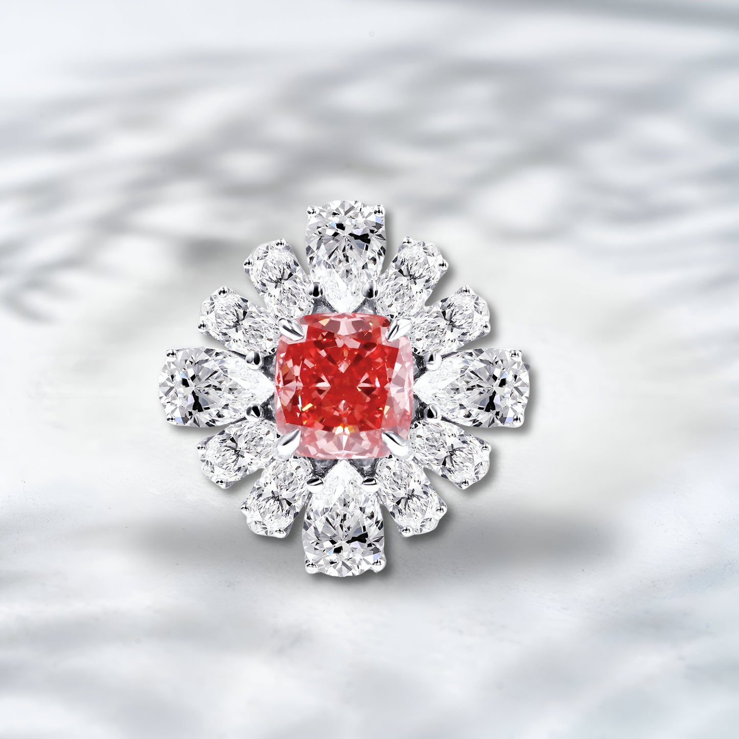 QOB Imperial Flame Lab Diamond Ring - Pink Cushion & Pear Cut Halo - 2.0–2.5 ct total in 18K White Gold