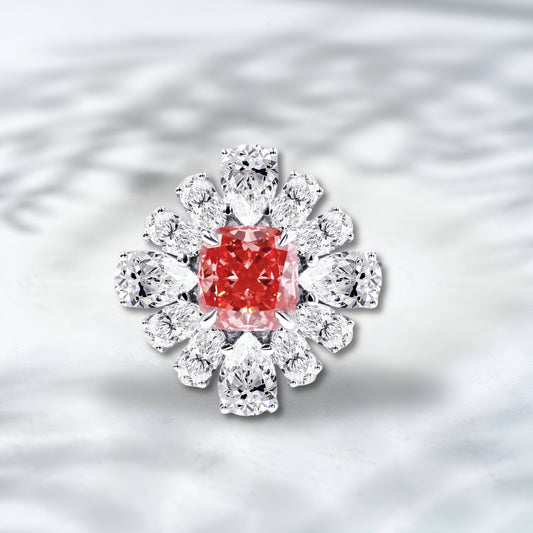 QOB Imperial Flame Lab Diamond Ring - Pink Cushion & Pear Cut Halo - 2.0–2.5 ct total in 18K White Gold