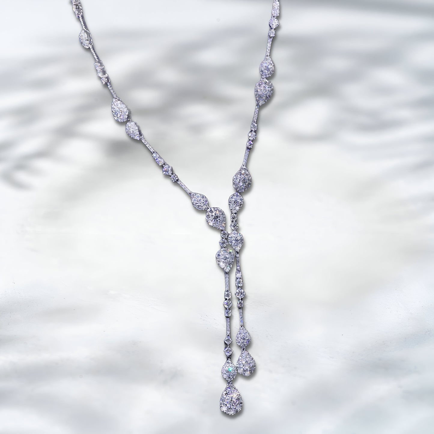 QOB Aurora Y-Drop Lab Diamond Necklace | 15 Carat Statement Necklace | 18K White Gold