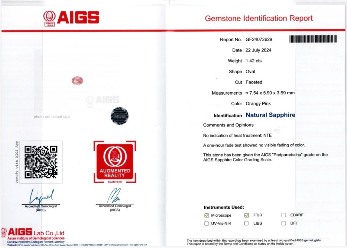 1.42 ct Natural Unheated Padparadscha Sapphire (AIGS Certified) – Orangy Pink Oval Brilliant