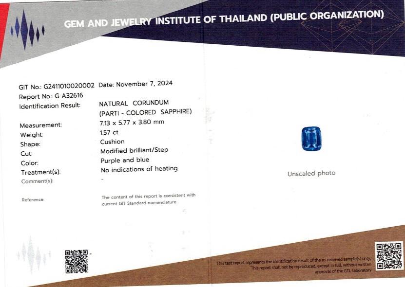 1.57 ct Natural Unheated Parti-Colored Sapphire (GIT Certified) – Cushion Cut, Purple–Blue