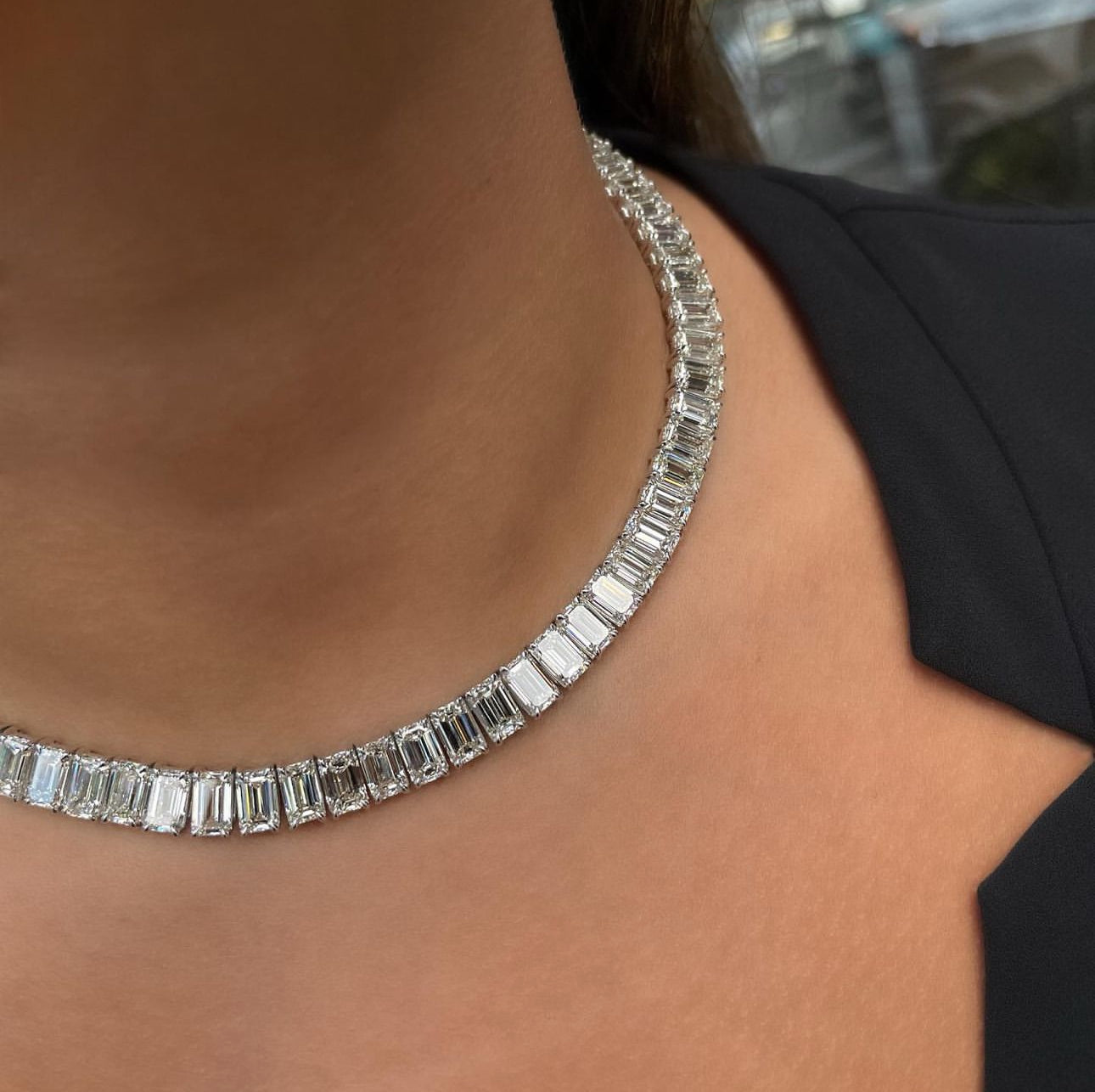 QOB Echelon Collar – 47.20ct Emerald-Cut Lab Diamond Necklace in 18K White Gold