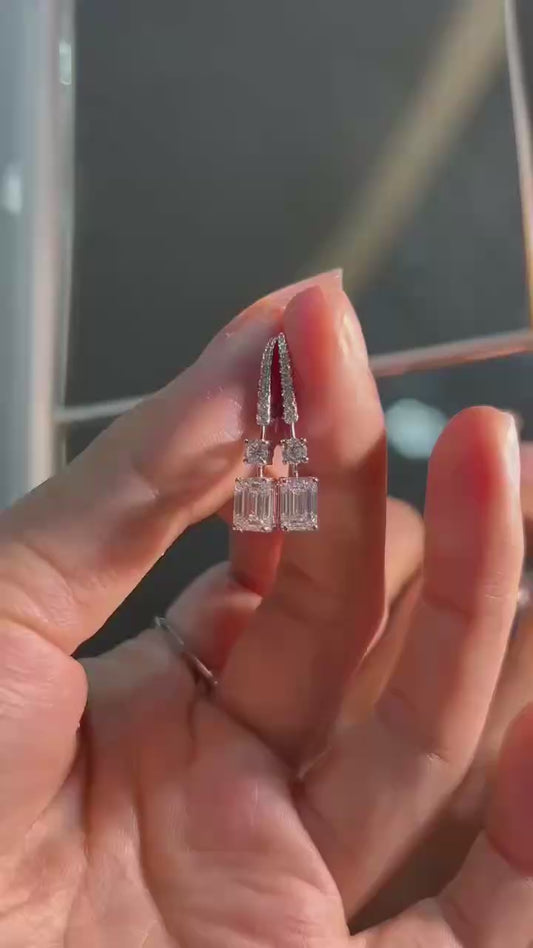 QOB Axis Drop Earrings – 2.02 & 2.04 Carat Lab Diamonds, Emerald Cut, Platinum Finish