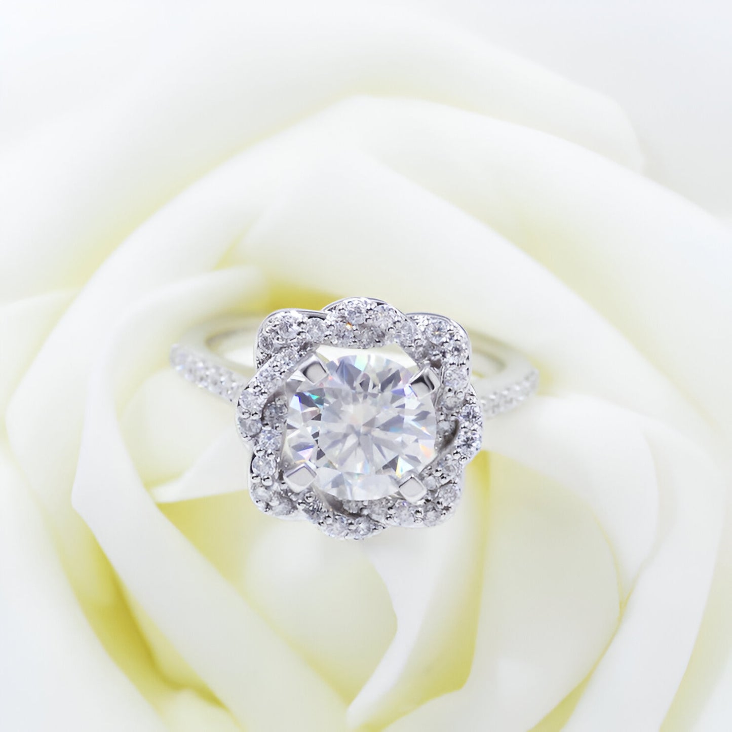 QOB Fleur de Gloire Lab Diamond Ring | Approx. 2.5–2.6 ct in 18K White Gold Floral Halo Engagement Ring